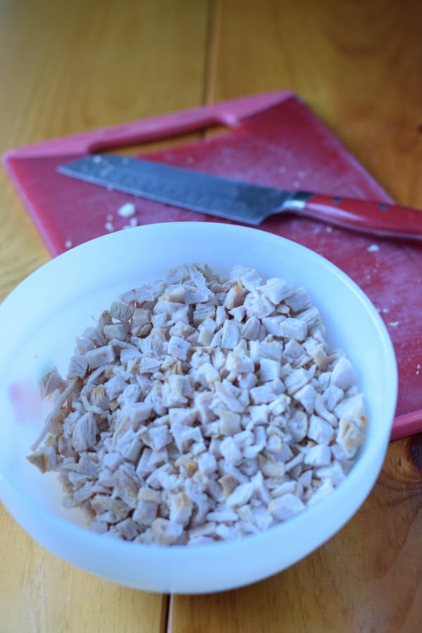 A bowl with chopped turkey in it