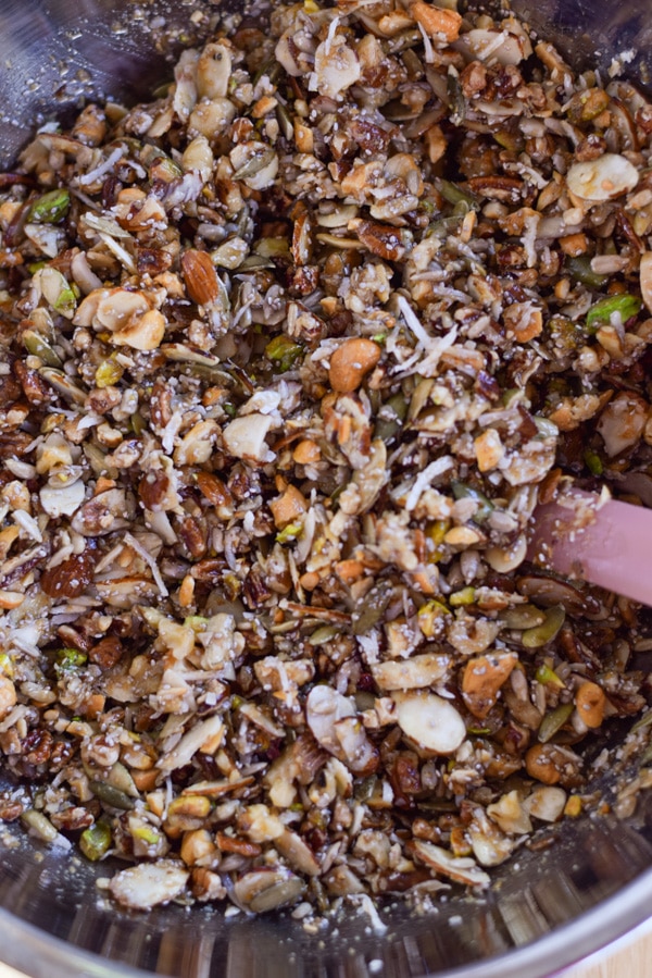Raw paleo nut granola mixture in stainless steel mixing bowl