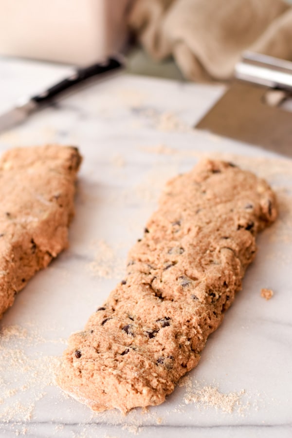 Two long rectangles of scone dough