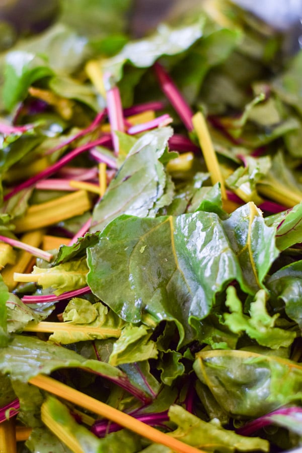Greens cut and washed in the wok
