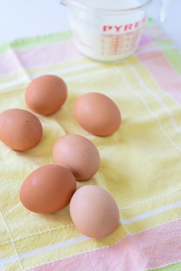 Eggs, flour and milk on a colorful napkin