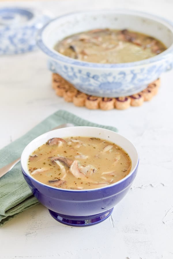 A blue bowl filled with mushroom soup without any sour cream in it. There is a big blue bowl with soup behind it