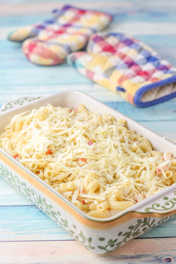 Gruyere cheese on top of the pasta casserole