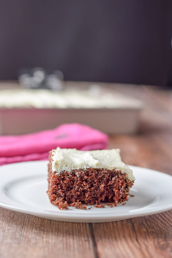 A close up of the cake in a vertical view. It is on a plate and the pan is in the background