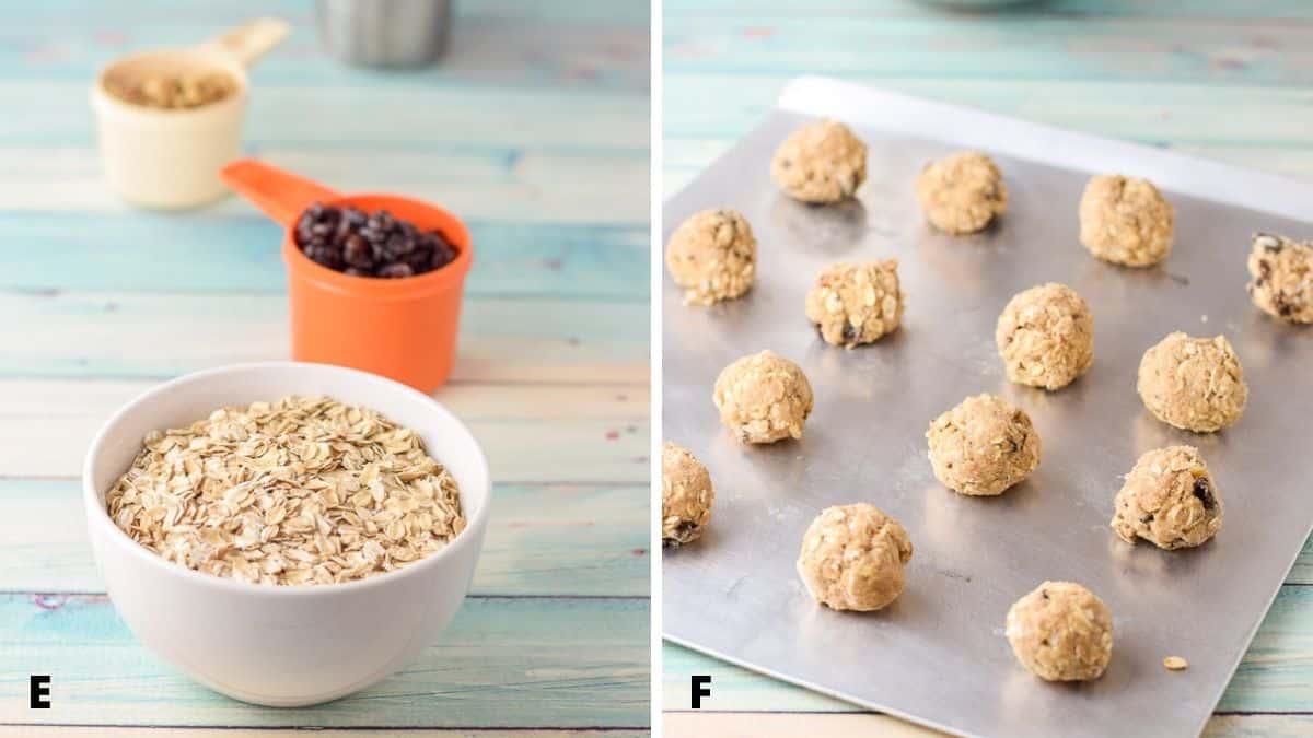 On the left - oatmeal, raisins, walnuts and coconut. On the right - a cookie sheet with balls of cookie dough on it