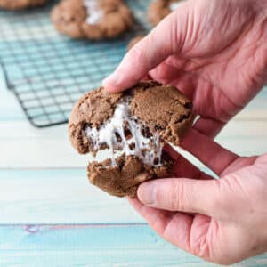 A male hand pulling apart a marshmallow cookie - Square