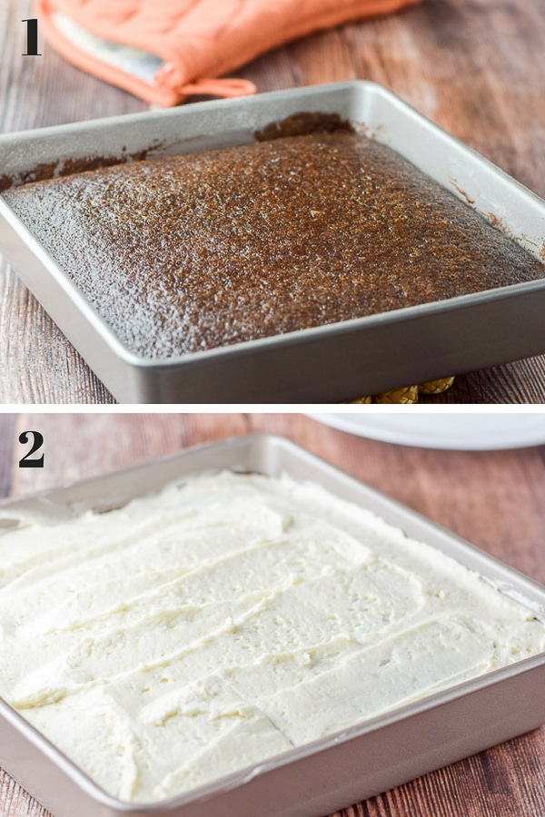 Chocolate cake out of the oven and then frosted with a white frosting
