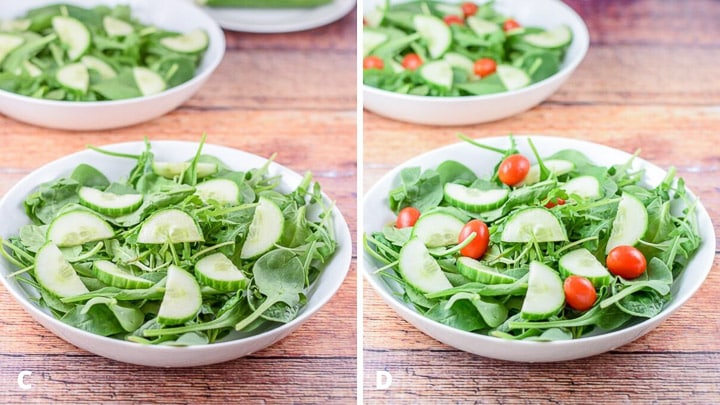 Cucumber slices and tomatoes put in the bowls