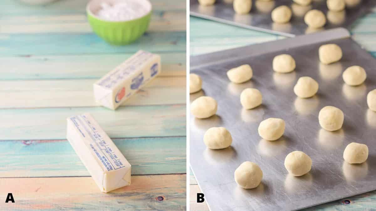 Left - butter and sugars on a table. Right - cookie sheets with rolled up balls on them