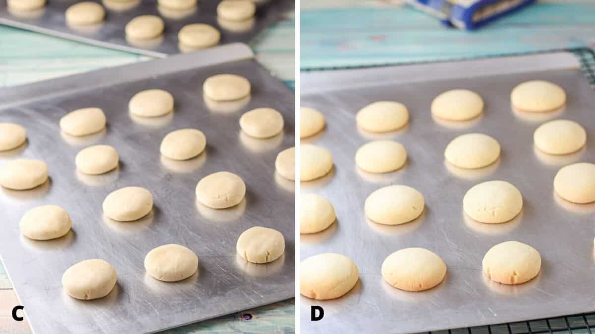 Left - cookie sheets with flattened cookie dough. Right - a cookie sheet with the freshly baked cookies