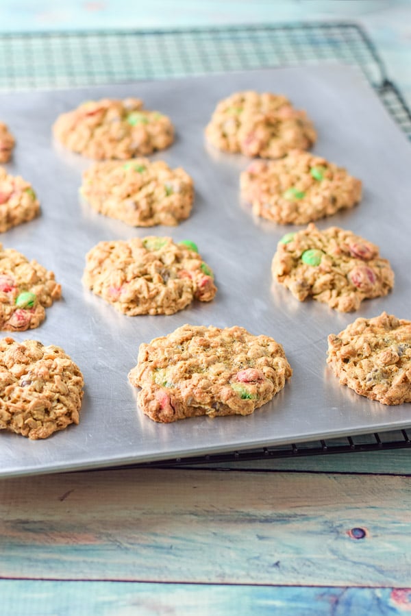 The cookies with M & M's showing still on the cookie sheet cooling