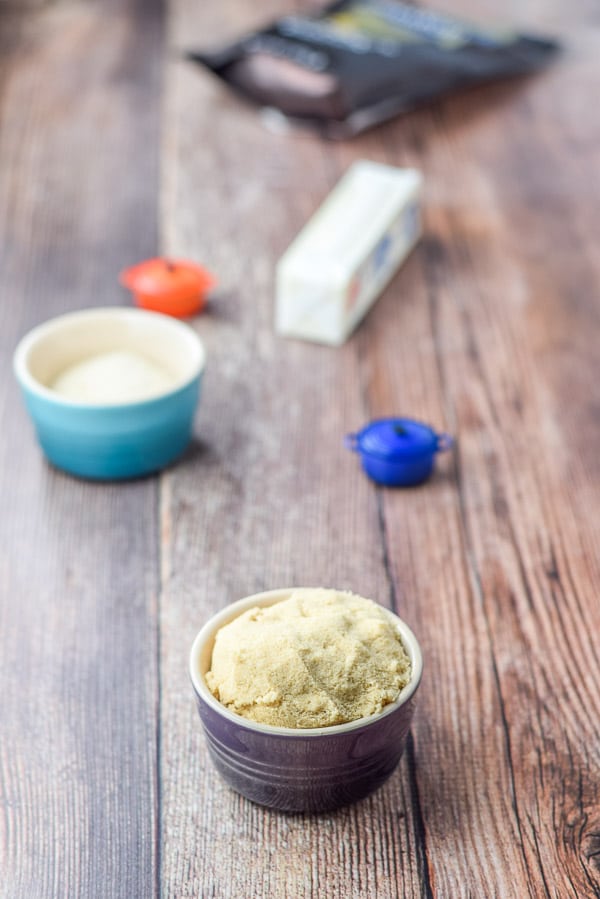 Butter, brown sugar and white sugar on the wooden table