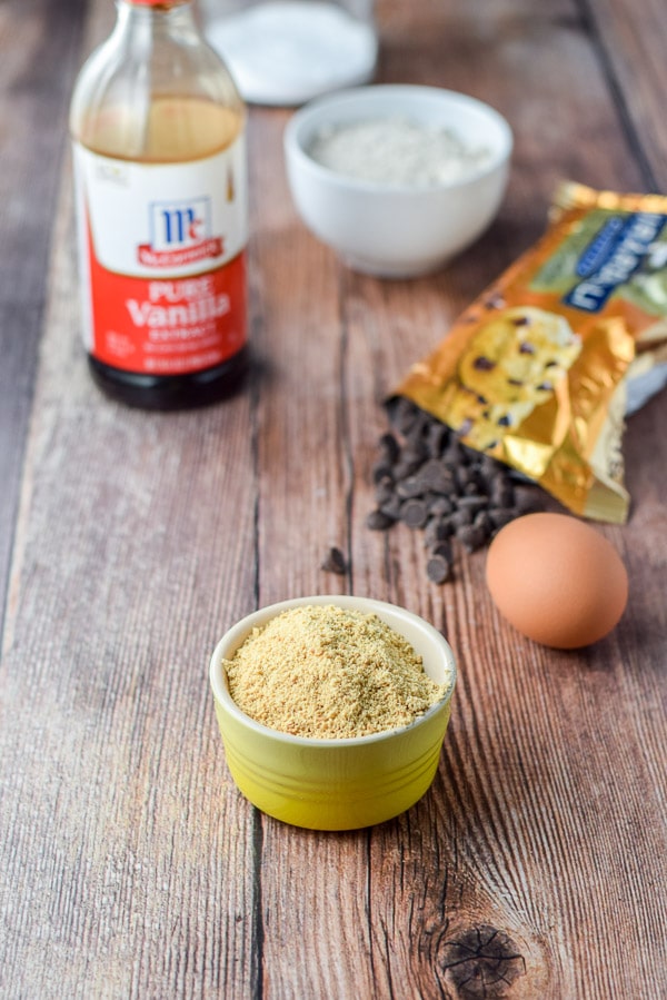 Graham cracker crumbs, eggs, chocolate chips, flour, baking soda and vanilla
