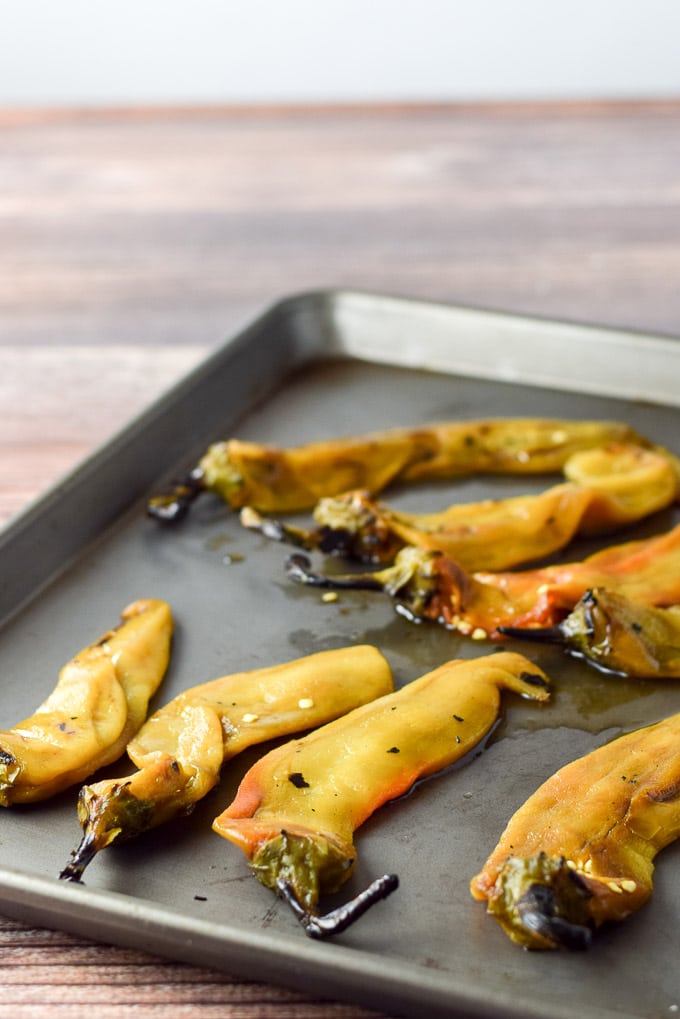 The Hatch chiles all laid out on a jelly roll pan