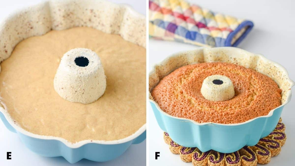 On the left - cake batter poured into the bundt pan. On the right - cake in a bundt pan straight out of the oven