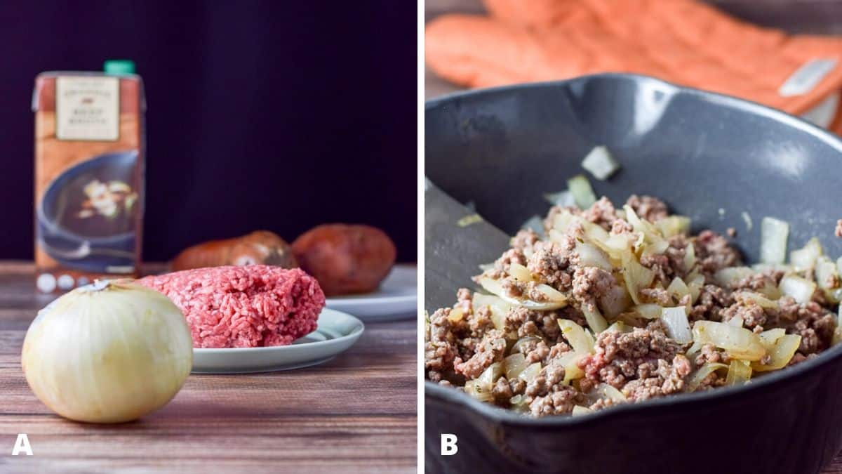 Onion, beef, yams and broth on the left and on the right, sautéed onion and beef in a pan