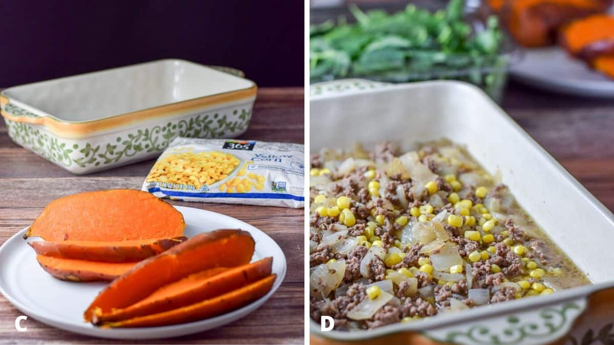 Sliced yam and corn on the left and on the right, the meat mixture in the baking dish with kale in the background