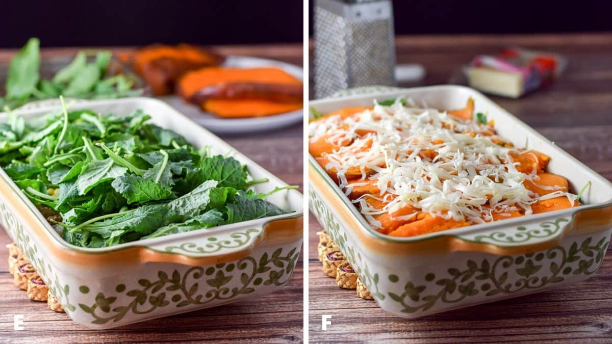 On the left, kale layered in the baking dish and on the right, yam and cheese in the baking dish