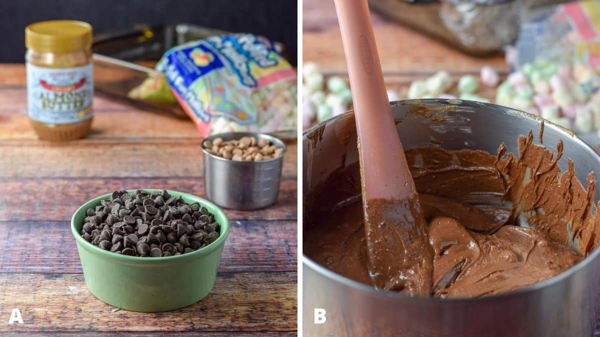 Chocolate chips, butterscotch chips, mini marshmallows, and peanut butter on a table and then a sauce pan with the chocolate melted