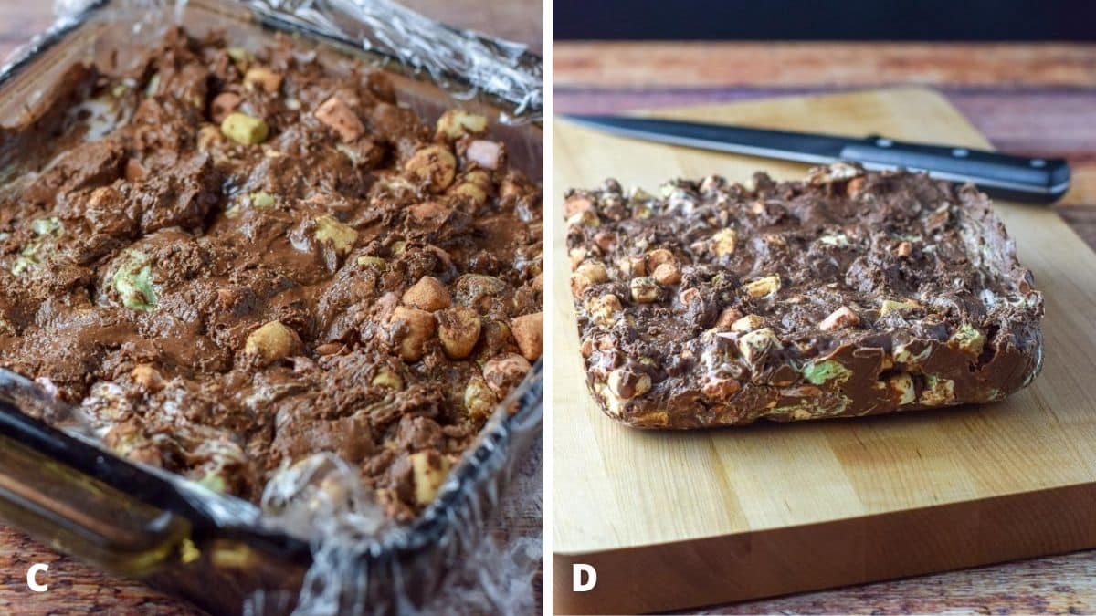 Fudge batter in the pan on the left and the right is after the fudge has been in the refrigerator for a few hours