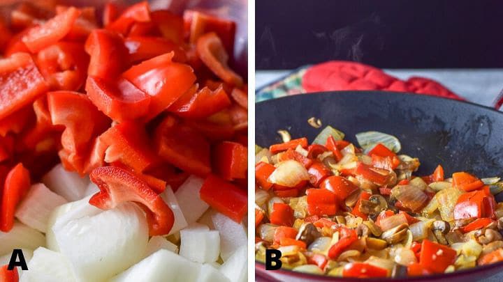 Vegetables cut up and sautéed in a wok