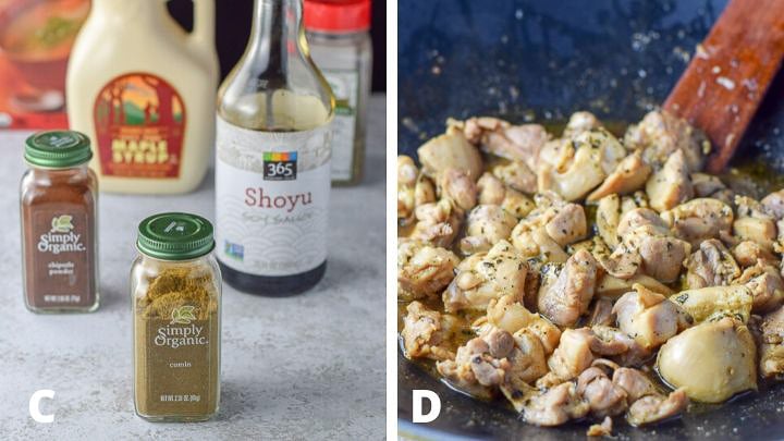 Left - Ingredients for the sauce and the right - chicken sautéed in a wok