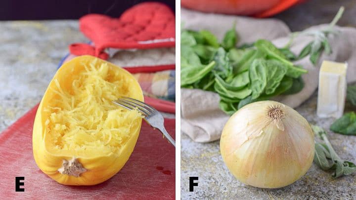 Spaghetti squash shredded and onion and spinach ready to be cooked
