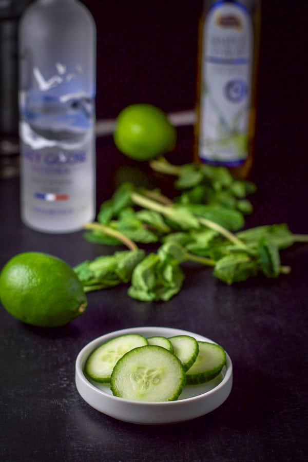 Sliced cucumbers, limes, fresh mint, vodka and simple syrup for the martini