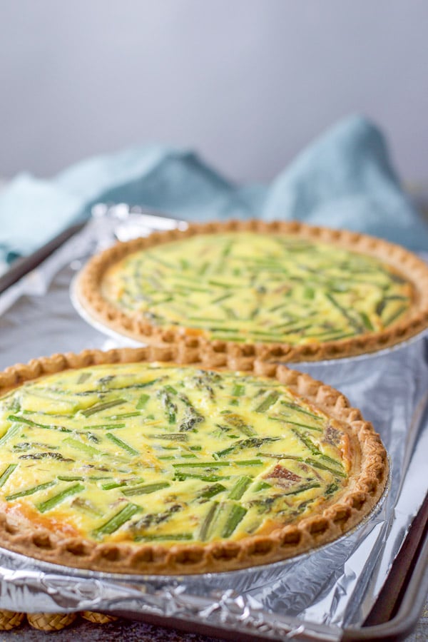 The two quiches straight out of the oven but still on the pan