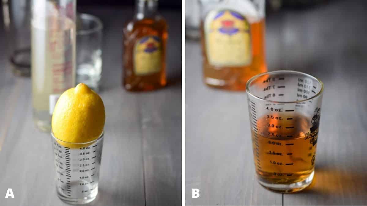 Lemon, whiskey, simple syrup with cocktail shaker on the left and whiskey poured out with the bottle in the background on the right