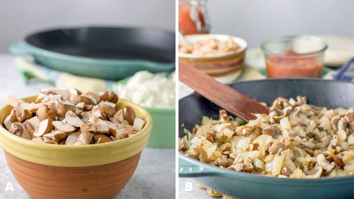 Left - sliced mushrooms and chopped onions. Right - a pan with sautéed mushrooms and onions