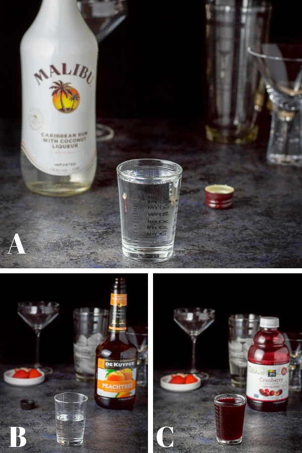 Coconut rum, peach schnapps and cranberry juice poured out for the red martini