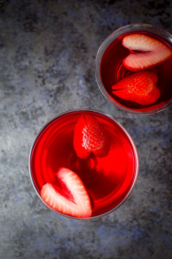 Overhead view of the love martini with strawberries floating in it