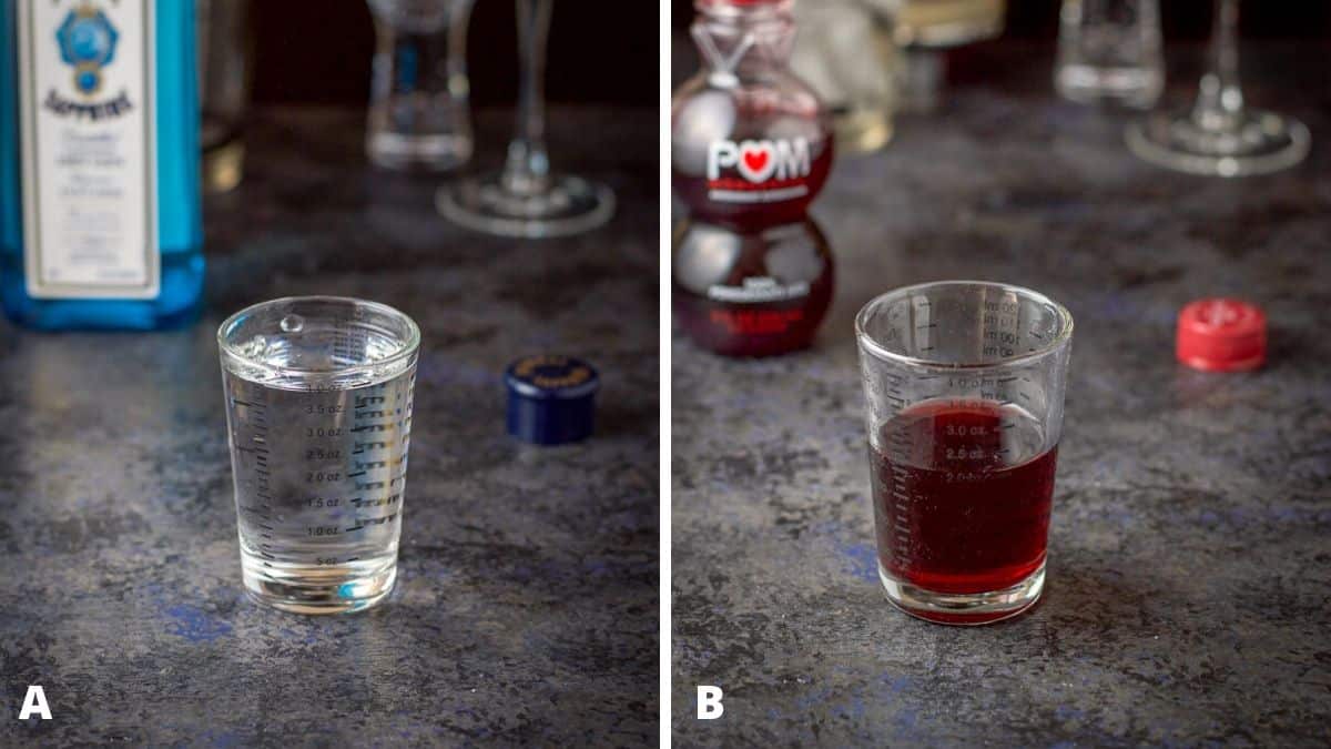 Gin and pomegranate juice poured out with the bottles and shaker in the background
