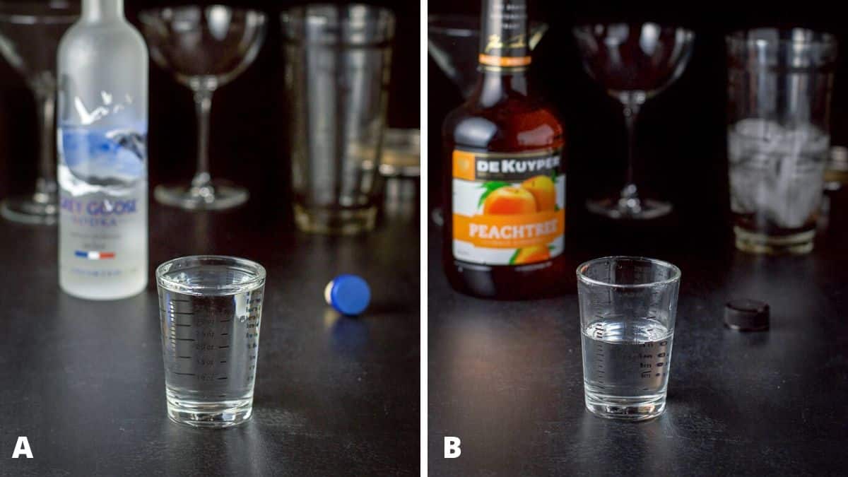 Vodka and peach schnapps poured out with the bottles in the background