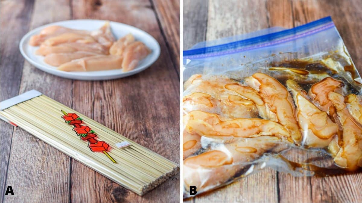 Skewers, a white plate of chicken tenders and a bag of chicken with marinade