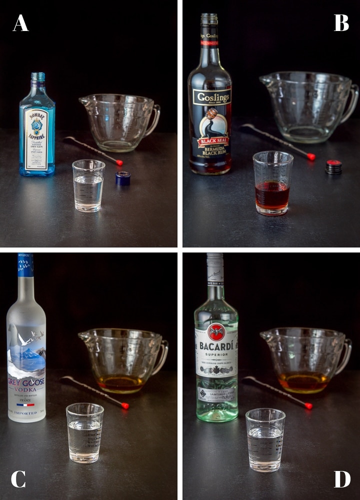 Gin, dark rum, light rum and vodka measured out
