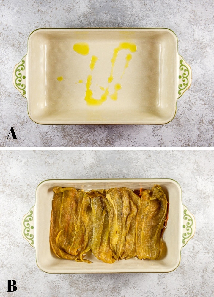Oil dribbled in the baking dish and the chiles laid on top