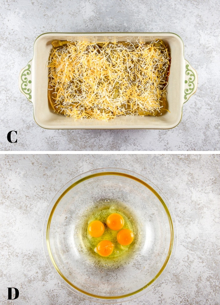 Sprinkle Mexican cheese over chiles and crack eggs in a bowl