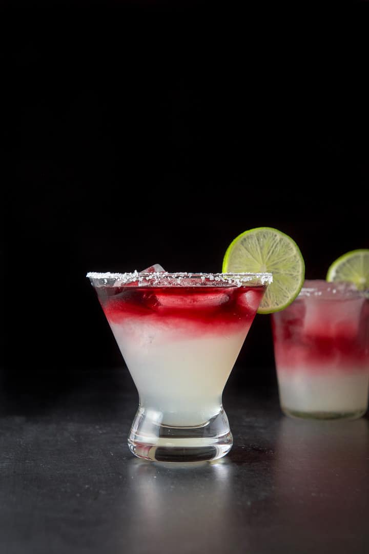 Vertical view of the martini glass with the wine and margarita layer
