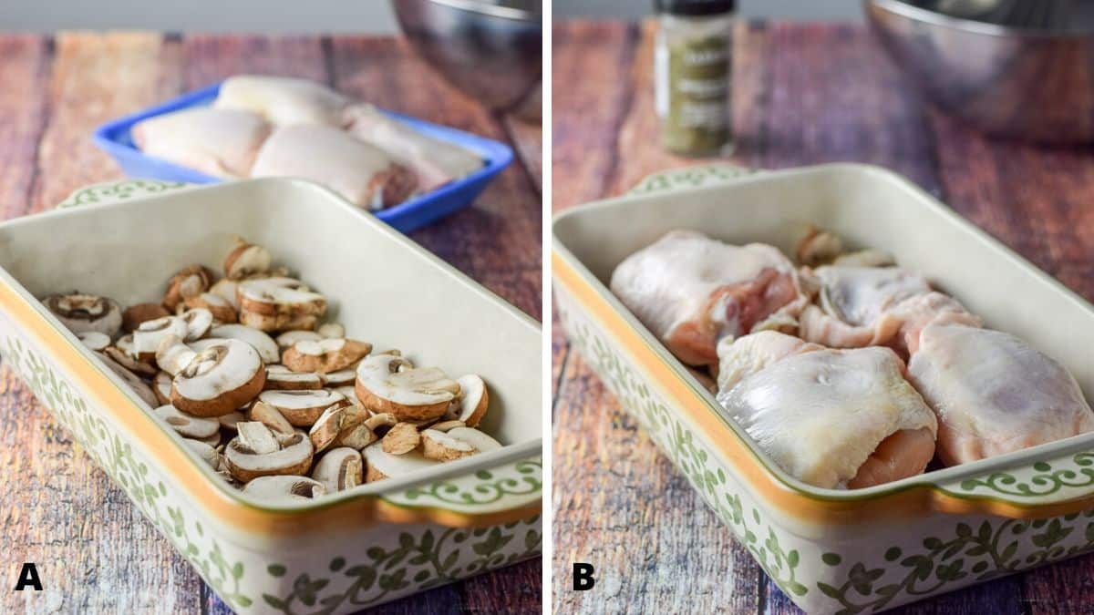 Mushrooms and chicken in a baking dish with herbs in the background