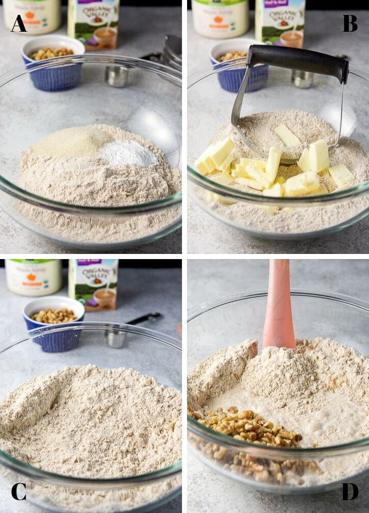 Flour sugar and baking soda in a bowl. Butter cut into the bowl and a pastry blender in it as well. Butter cut into pea size bits and cream, nuts and maple syrup poured in the bowl