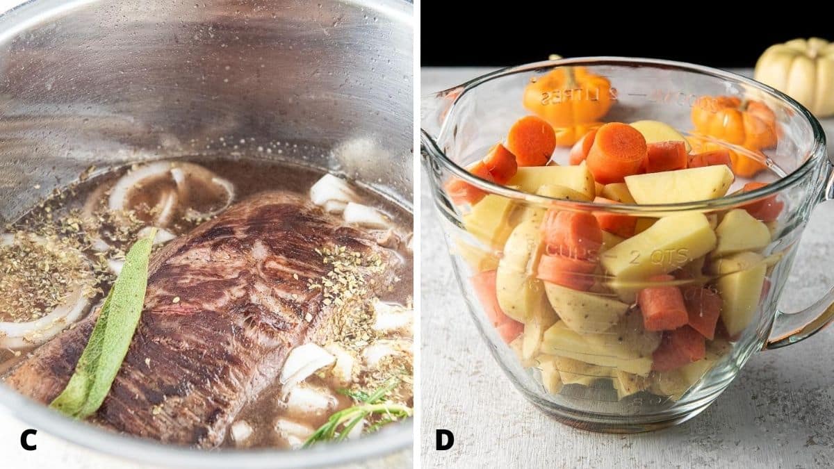 On the left, the seared meat with the onion, herbs and broth in the insert and on the left the potatoes, carrots and celery in a glass bowl on the right