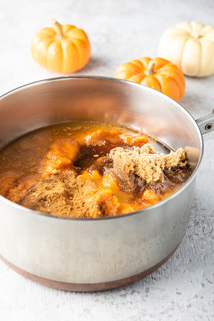 All the ingredients in a pan ready to be stirred for the pumpkin butter recipe