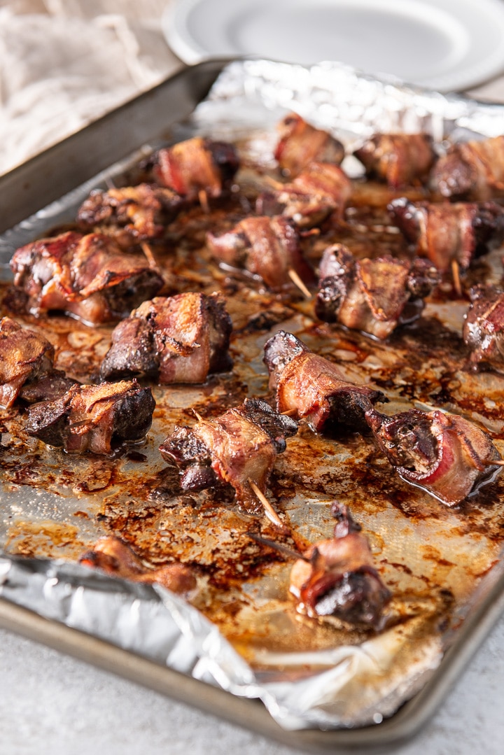 Bacon chicken livers on a jelly roll pan, straight out of the oven