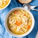 Overhead view of the soup in grey bowls