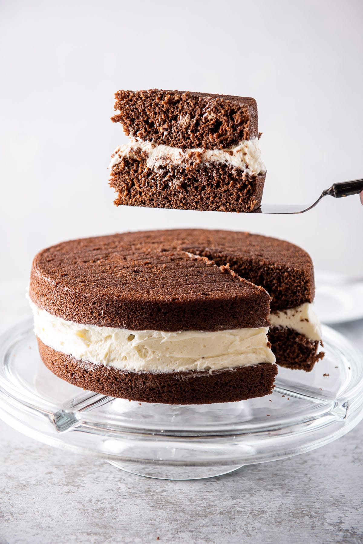 Piece of chocolate cake on the cake server held above the cake