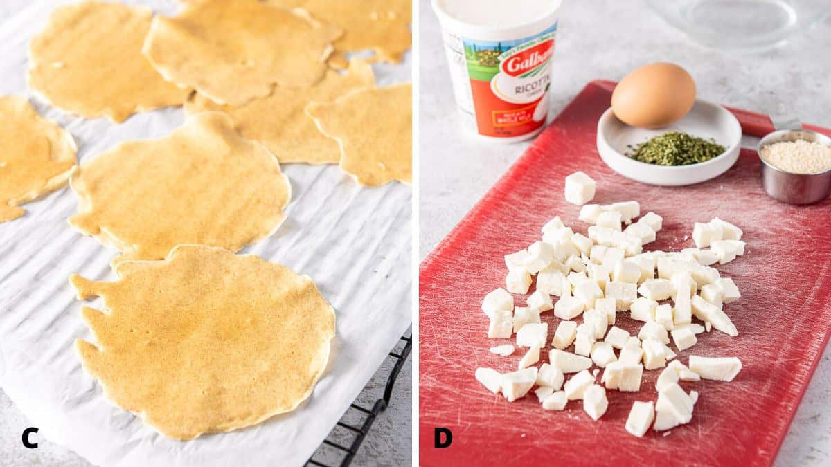 Ricotta, cut up mozzarella, egg, herbs, breadcrumbs for the crepes for the baked manicotti