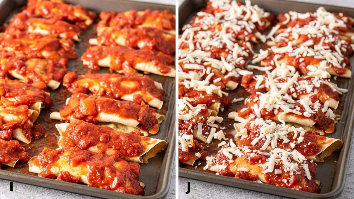 Manicotti in the pan with gravy and cheese on it