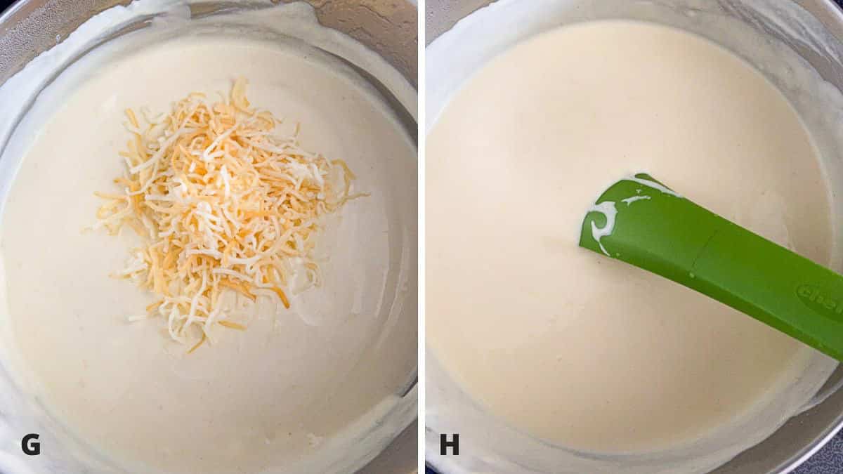 Cheese added to the sauce and whisked in